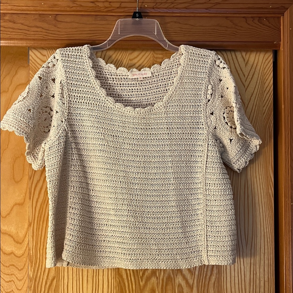 Crocheted Short Sleeve Top in Cream